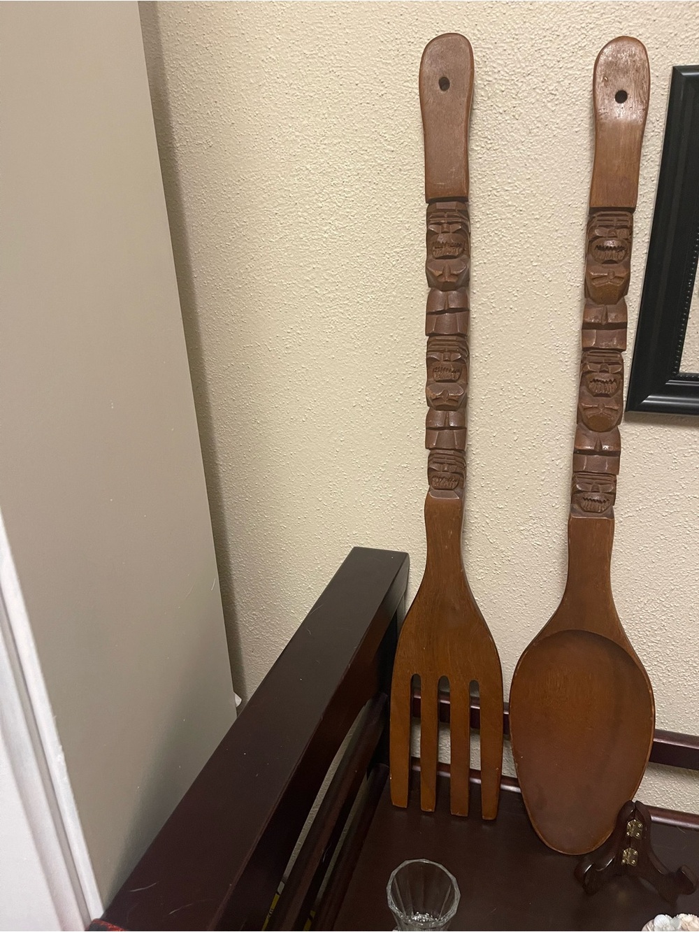 Hand-Carved Wooden Serving Spoon and Fork Set - Brown